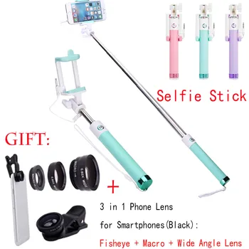 

4in1 KF18-Gen.2 Wired Handheld Selfie Stick Monopod + Fisheye Macro Wide Angle Phone Lens for Samsung Galaxy S4 S3 A9 A8 A7 A5