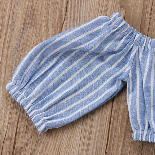 الطفل كيد بنات الملابس انطلقت الكتف قمم تيشيرت بأكمام قصيرة فضفاضة شريطية السراويل Bowknot مخطط تجهيزات الملابس