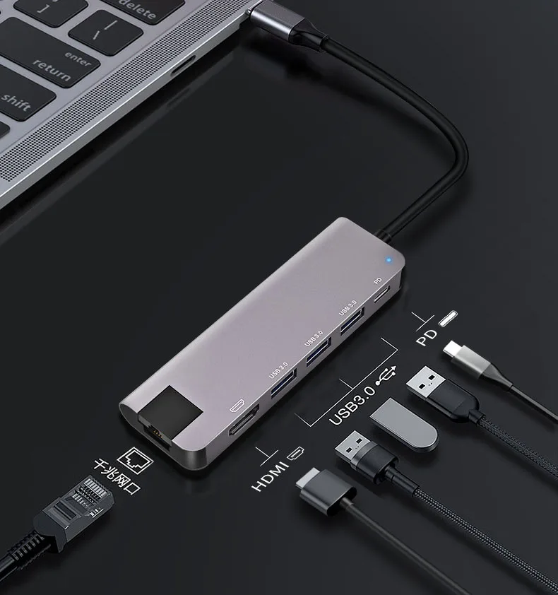 

Amazon Style Hot sale 6 in 1 Type c hub 3Usb 3.0 PD Charging SD TF Card Reader Adapter