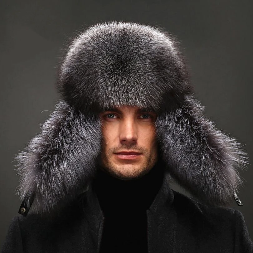 IANLAN Mens Full-pelt Blue Fox Fur Bomber Hats Real Raccoon Fur Earmuffs Hats Winter Outdoor Real Sheep Leather Caps IL00238 bomber crew beanie hat with full face covering