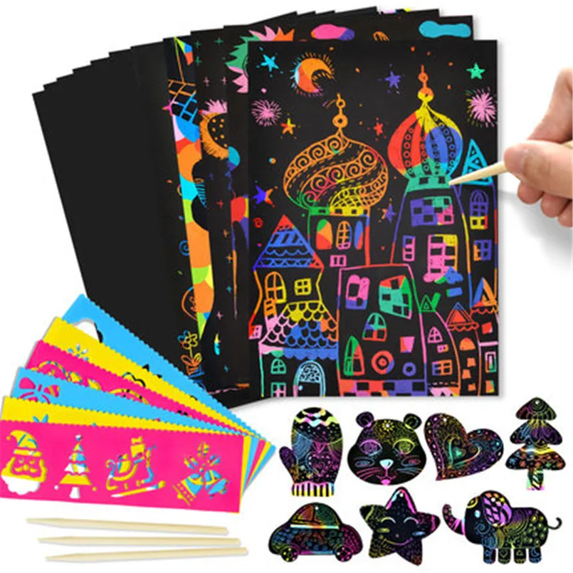 Kids Colorful Rainbow Paper Scratch Art Graffiti Books Drawing Doodle Pad Set UK 