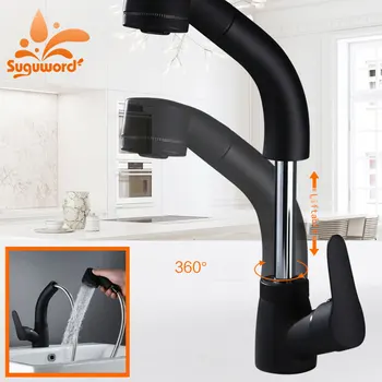 

Suguword Matte Black Basin Faucet Hot and Cold Mixer Tap Single Handle One Hole Deck Mounted 2 waterways Pull Out Nozzle