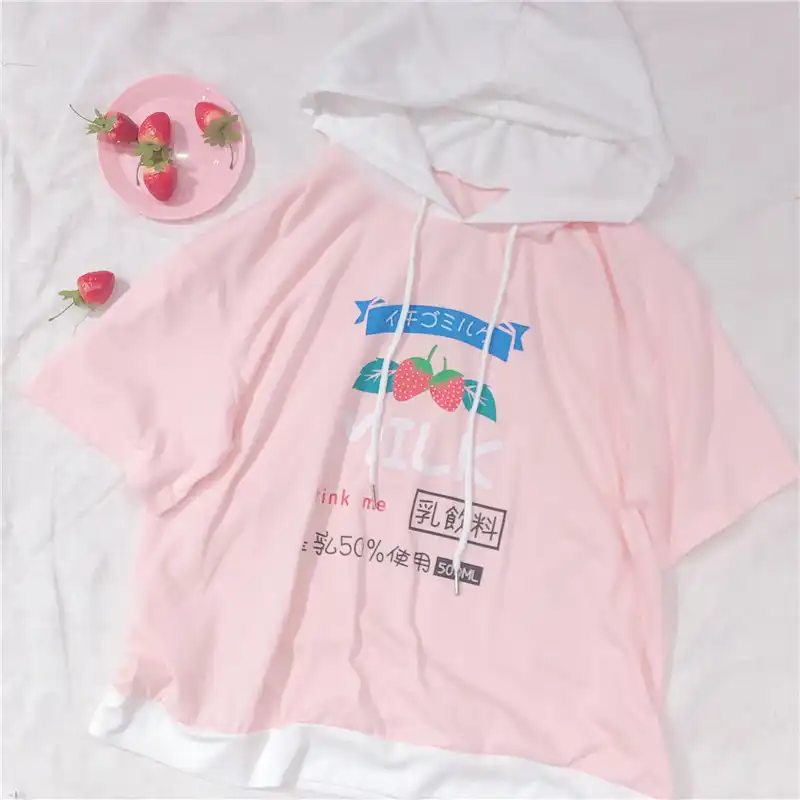 Harajuku Cute Strawberry Print Women S Hooded Short Sleeve T Shirt Tee Kawaii Girl Student Pullover Summer Milk Letters Shirts T Shirts Aliexpress