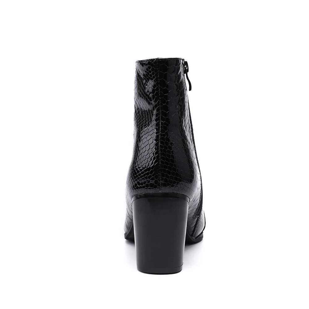 Men black boots Pointed Toe Black snake grain Men's Dress Boots Genuine leather Fashion Handmade high heel Mens Boots 39-46