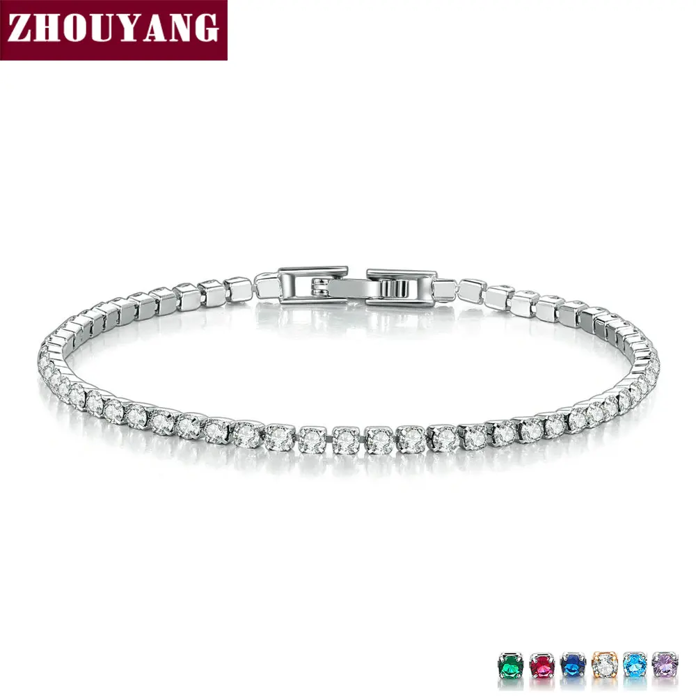 

ZHOUYANG Bracelet For Women Luxury Multicolor Optional 2.5mm CZ Crystal Rose Gold Silver Color Party Gift Fashion Jewelry KC128