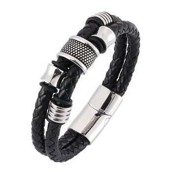 

Newest Double Layer Black Braided Leather Handmade Bracelet Men Jewelry Trendy Stainless Steel Male Bracelet Punk Bangles SP0335