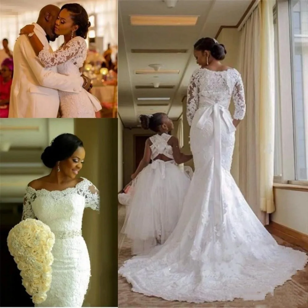 

2019 Mermaid Long Sleeves Lace Wedding Dresses Plus Size Nigerian Arabic African Bridal Gowns Robe de soriee
