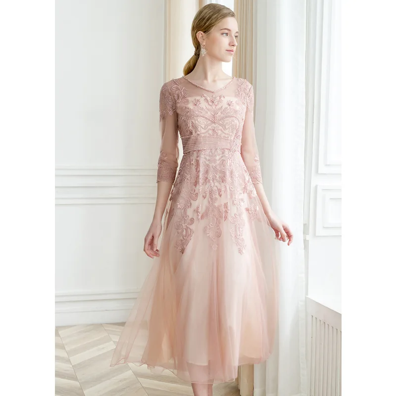 

Pink Designer Runway Party Long Dress Women Elegant High Waist Diamonds Luxury Embroidery Mesh Dresses Spring Grey vestidos