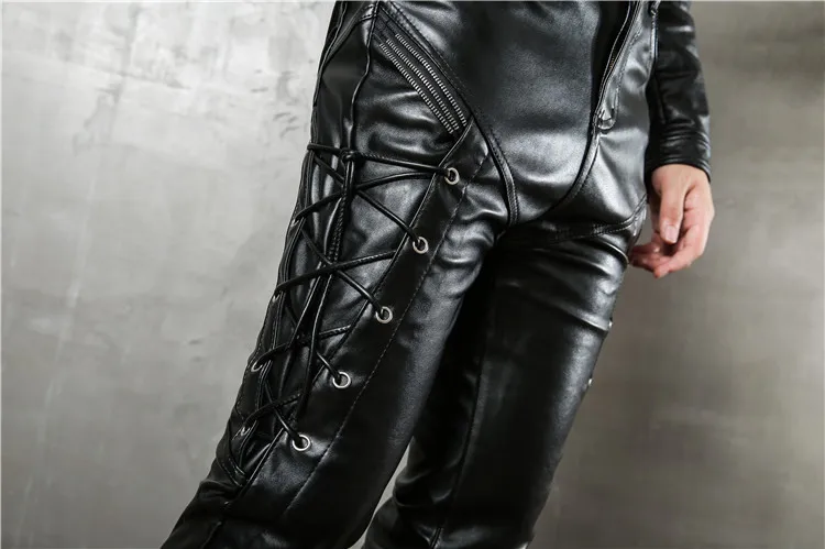 New Fashion Personality 2018 Men Pu Faux Leather Skinny Pants Motorcycles Appliqued Leather Trousers For Male Size 29-36 (6)