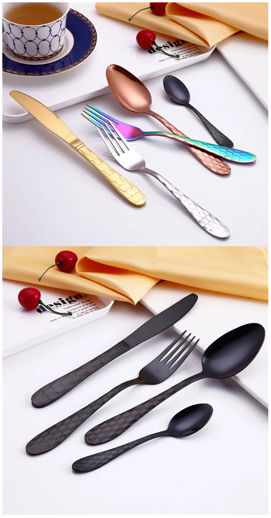 Creative PatternTableware Set 304 Steel Stainless GoldTableware Sets Plating Knife Forks Dinner Set Western Food Cutleries 4pcs (6)
