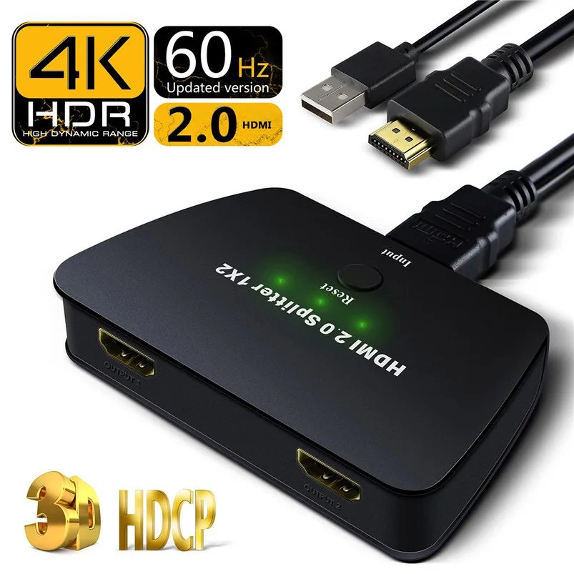 

NewBEP HDMI 2.0 Splitter 1x2 1 Input 2 Output Repeater Switch Box Hub 3D 4kx2k with power HDMI 2.0 cable For Blu-ray MACBOOK PS5