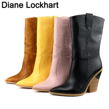 

big size 46 Retro short boots slip on woman shoes brand western Plaidboots autumn winter Ins hot high heels botas mujer zapatos