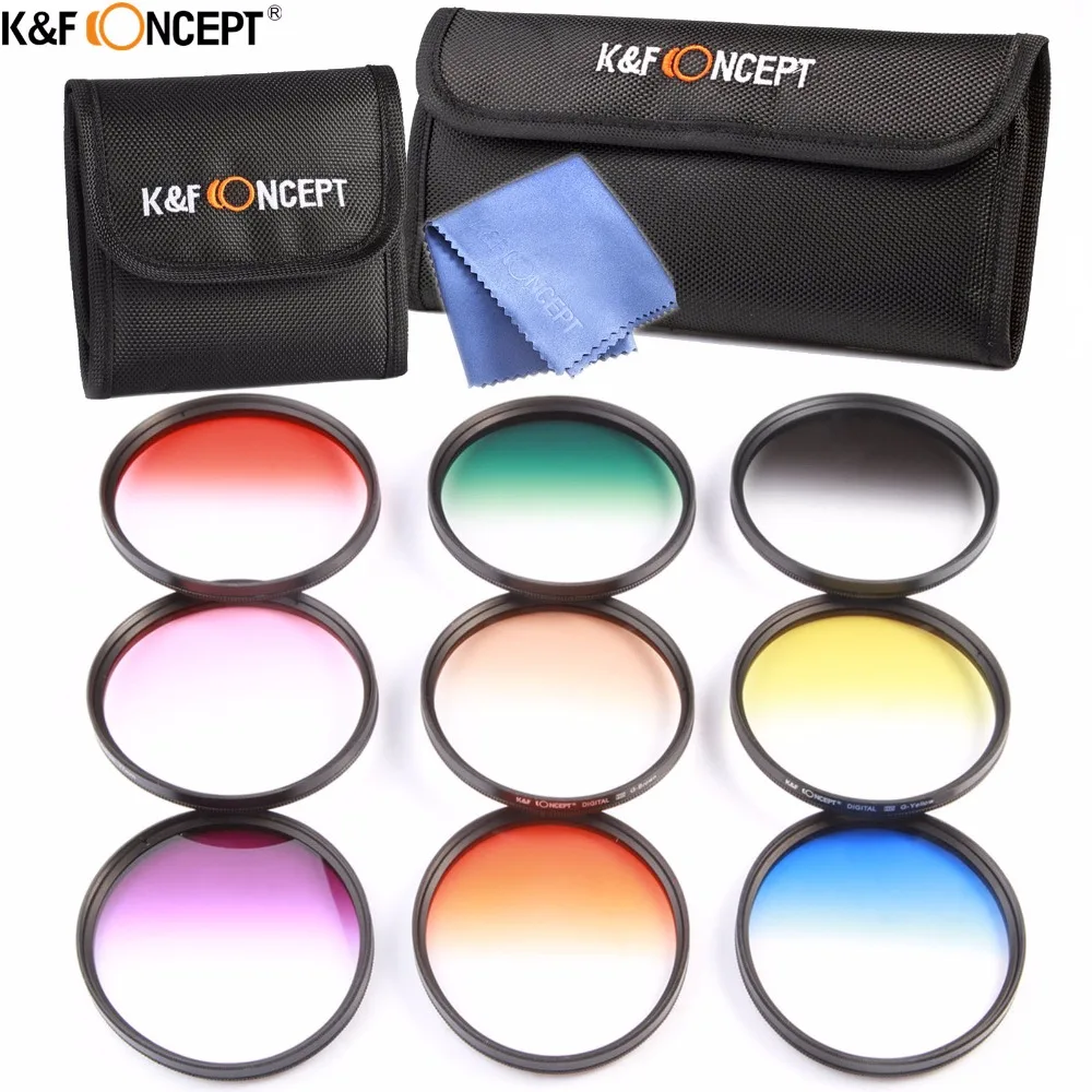 

K&F CONCEPT 9pcs 77mm Graduated Color(Orange Blue Grey Red Green Yellow Pink Purple Brown)Lens Filter Kit+Case&Cloth For DSLR