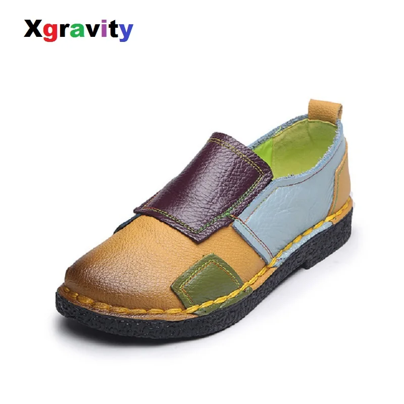 

Xgravity 2018 Autumn Lady Fashion Flat Shoes Elegant Comfortable Colorful Mixed Color Woman Genuine Leather Female Shoes C276