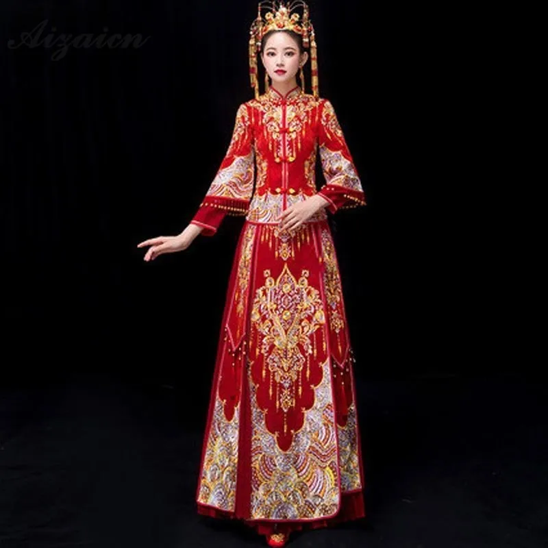 Невесты плиссированные юбки длинные Cheongsam современный красный Chinoise женат платья Qi Pao Для женщин Китайский Винтаж платье Женская Роба в восточном стиле