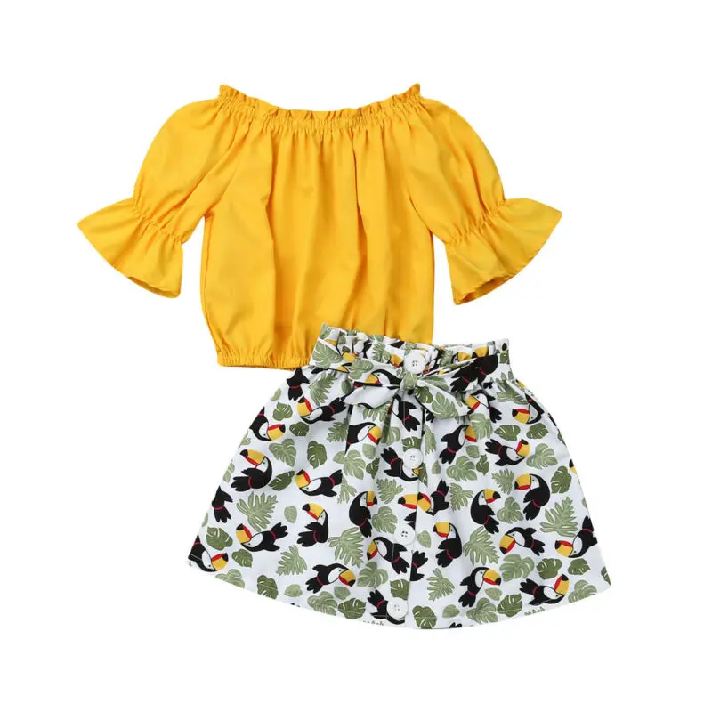 Дети детская одежда для малышки сплошной цвет с открытыми плечами футболки + птица пачка с принтом юбка комплект верхней одежды детский