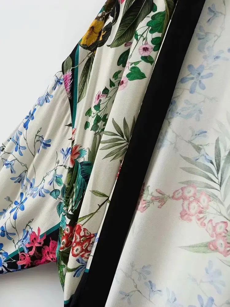 VOGUEIN Новая женская блузка кардиган с пляжным цветочным принтом с черным подолом и поясом