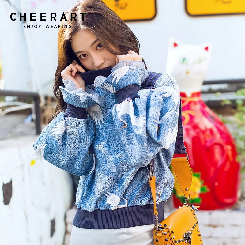 Свитер с принтом Cheerart Crane Женский синий короткий топ капюшоном и рукавами