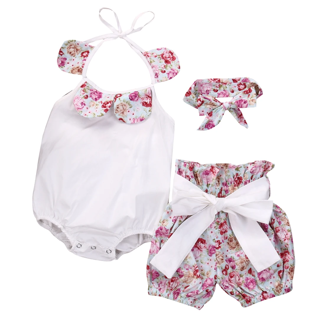 

3PCS Cute Newborn Infant Toddler Baby Girl Floral Romper Jumpsuit Shorts Pants Headband Casual Outfits Set