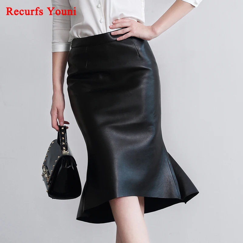

RYS6321 Spring NEW Genuine Leather 60 CM Long Maxi Skirt Women OL Fish Tail Ruffles Slim Hip Bust Faldas Lady Sexy X Shape Saia