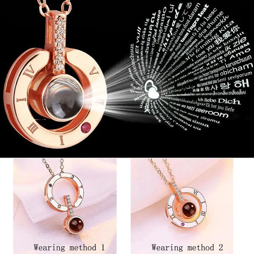 

Round Shape Rhinestone Inlaid I LOVE YOU in 100 Languages Projection Necklace Women
