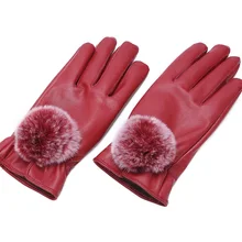 Зимние пу кожаные помпоны из кроличьего меха женские перчатки теплые женские вязаные рукавицы повседневные Мягкие Закрытые Пальцы на запястье бархатная посадка