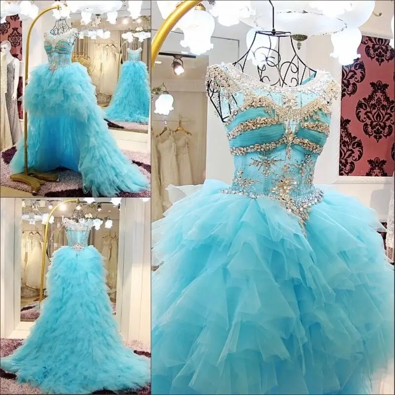 Ball Gown Ruffle Tulle Crystal Beaded Diamond Luxury Blue Evening Dresses 2021 New Fashion Party Gowns Dress CH41M | Свадьбы и