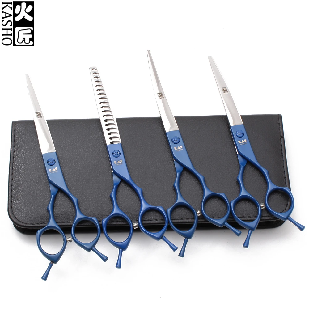 

H3009 7" Titanium Blue Kasho Cats Straight Shears Puppy Thinning Scissors Down Curved Shears Pets Scissors Dogs Grooming Shears