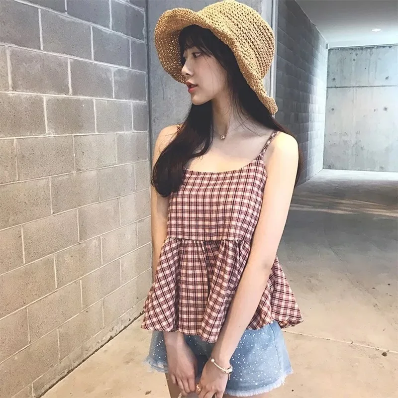 MUMUZI клетчатые гофрированные Camis женские летние майки с открытой спиной Harajuku без рукавов сексуальные с бантом сзади свободные оборки рубашки в клетку