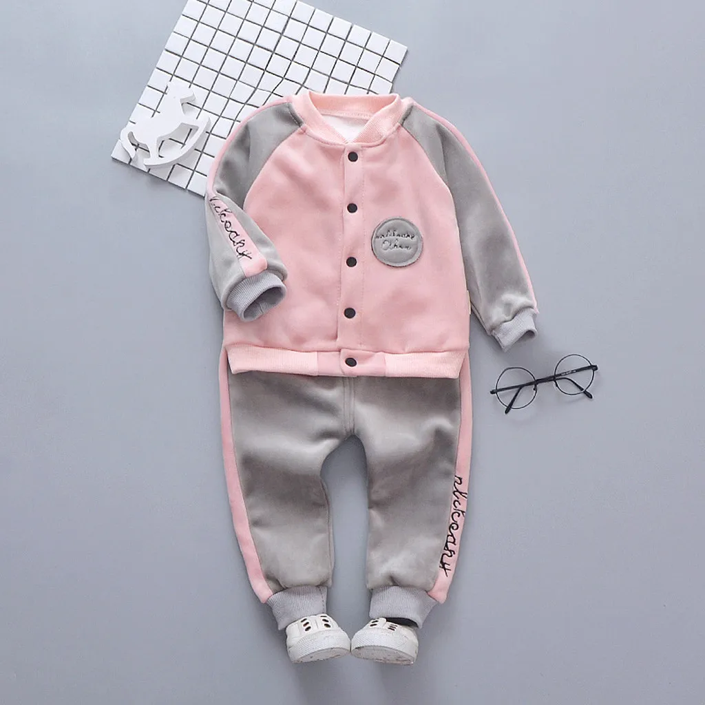 Осенний модный детский зимний теплый спортивный костюм с длинными рукавами и надписью для девочек и мальчиков топы и штаны, комплект одежды, roupa infantil Z4 - Цвет: Розовый