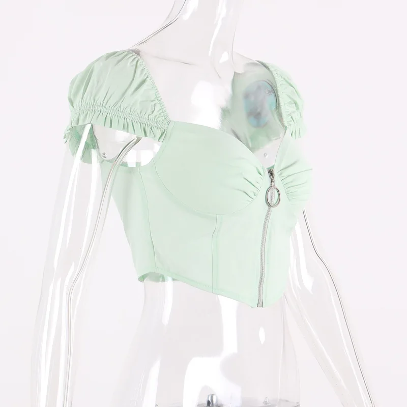  NewAsia Mint Blouse Women Summer Crop Top Sexy V-neck Front Zipper Ruched Off Shoulder Shirt White 