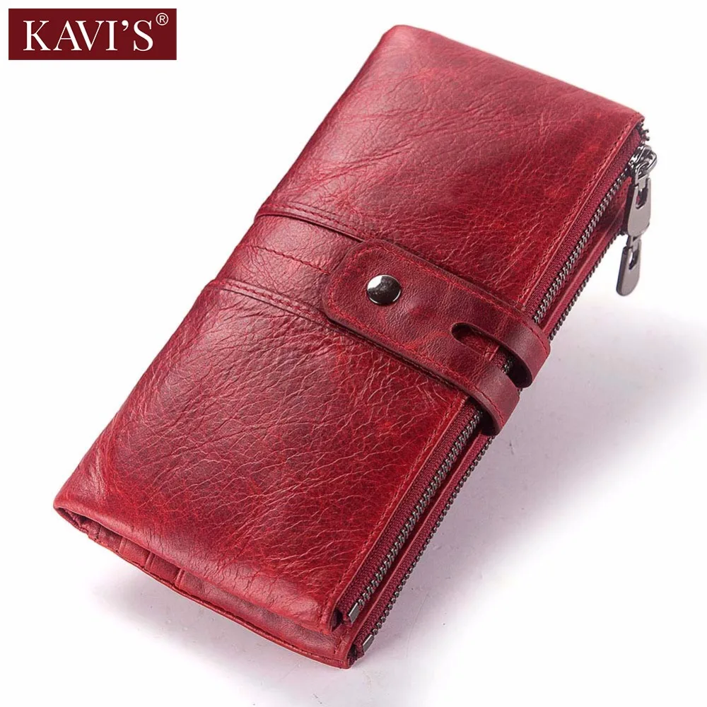 Meilleur KAVIS rouge 100% en cuir véritable femmes portefeuille femme porte monnaie Hasp Portomonee embrayage sac d argent dame porte carte longue qualité