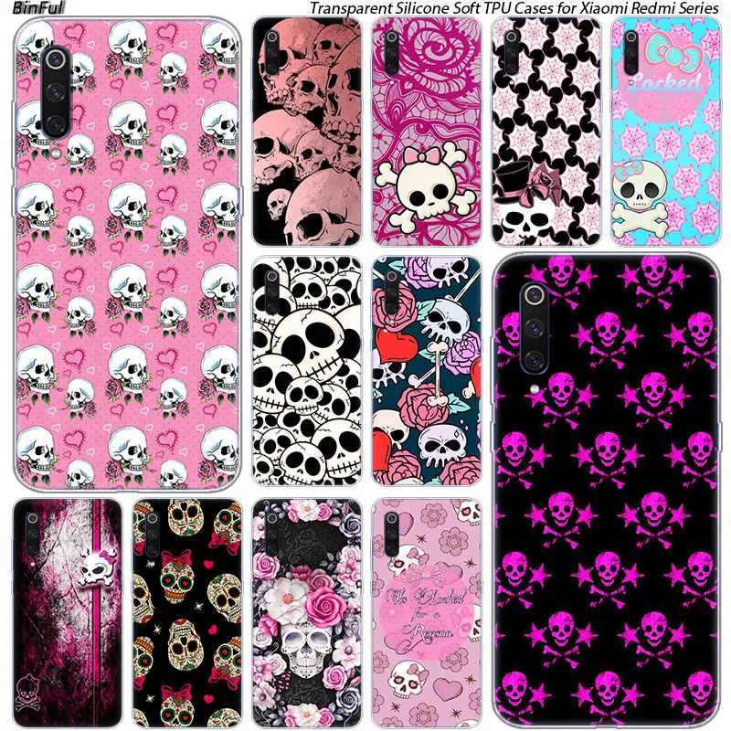 

Pink Cute Skull Silicone Case For Xiaomi Pocophone F1 9T 9 9SE 8 A2 Lite A1 A2 Mix3 Redmi K20 7A Note 4 4X 5 6 7 Pro S2 Cover