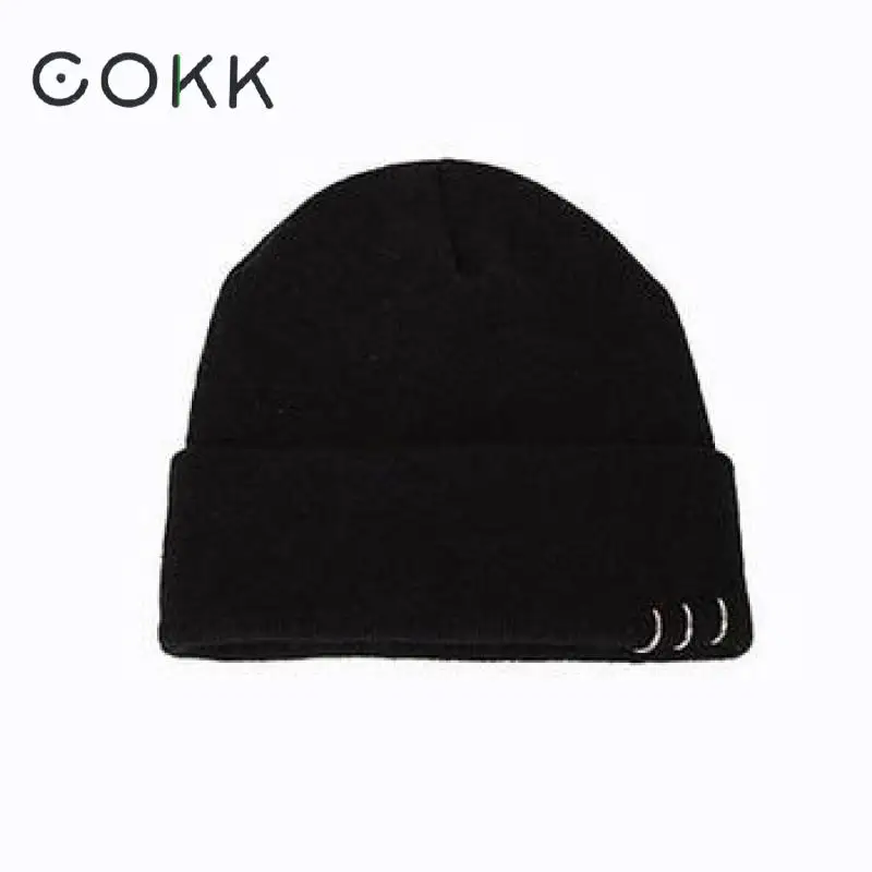 

COKK Autumn Winter Hats For Women Girls Knitted Cap With Ring Hip Hop Korean Bonnet Beanie Hat Female Stretch Hats Gorras Black