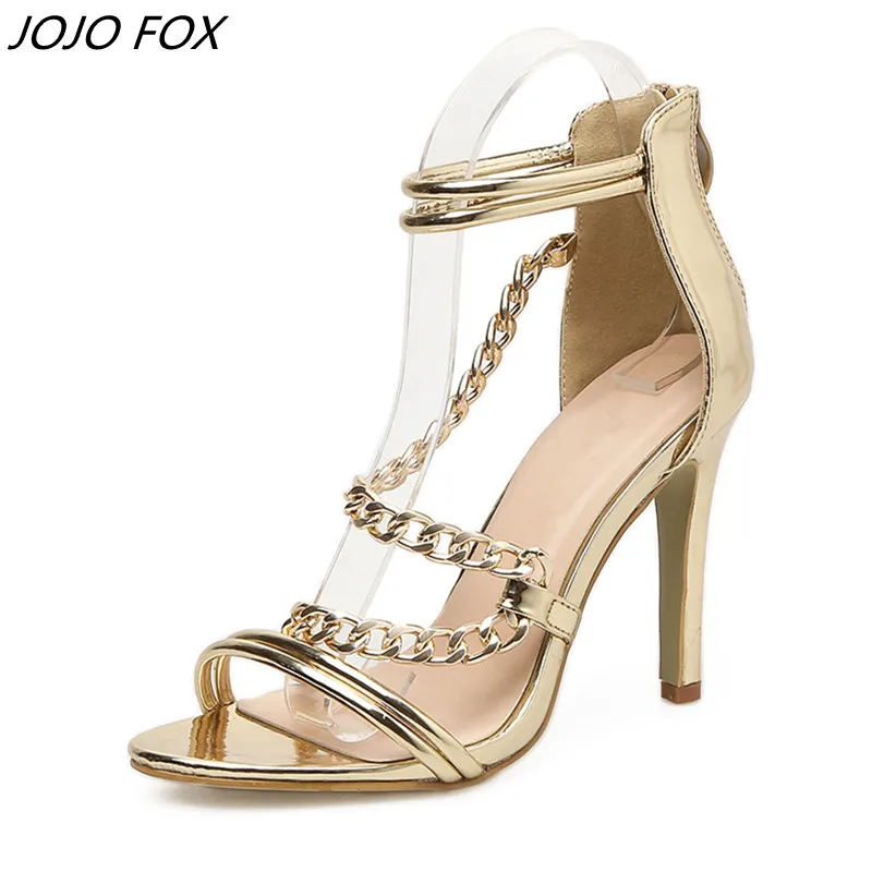 

New Golden Sandals Woman Summer Shoes Fashion Street Beat Metal Chain Women Sandals 12 cm peep toe sandals sandalia tacon fino