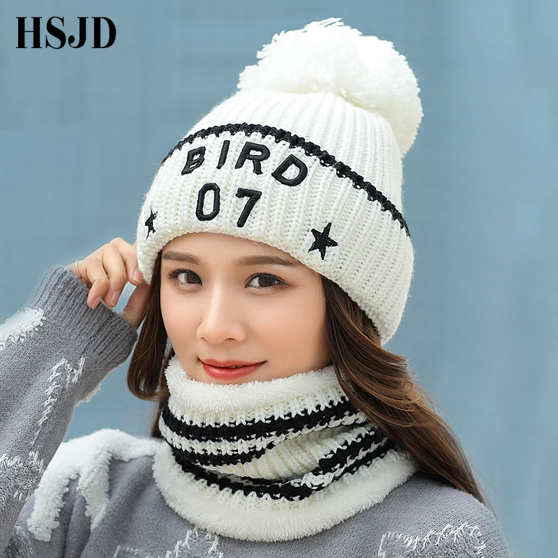

Women Winter Hat And Scarf Set Neck Warmer Pom Poms Knitted Hat For Girls 2018 Letter Embroidery Lady Beanies Thick female cap