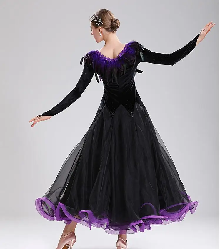 Бальный современный танцевальный костюм платье для женщин с длинным рукавом перьевой воротник Танцевальное представление