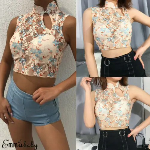 

Women Mesh See-through Transparent Embroidery Top Sleeveless High Neck T-Shirt