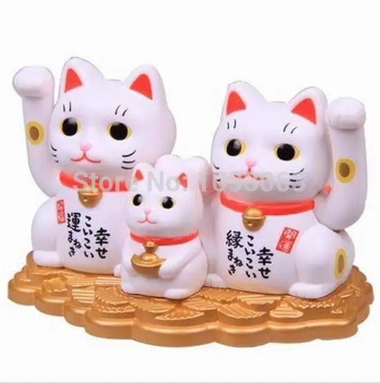 

Maneki Neko Family Lucky Cat Solar Powered Japanese Chinese Good Fortune Home Car Decor