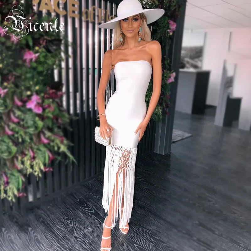 

Vicente All Free Shipping 2019 New Trendy Tassels Sexy Strapless Sleeveless Backless Celebrity Party Bandage Long Dress