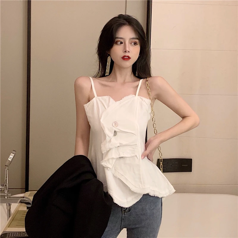 Blusas feminina, весенне-летний Стиль, корейские женские Необычные складки на пуговицах, с тонкими лямками, черный, белый, жилет, топ, женский, K0024
