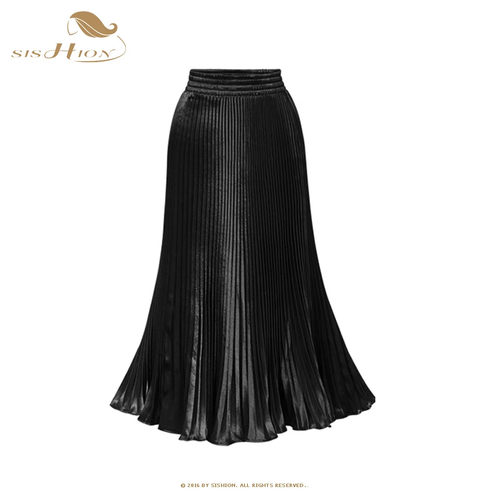 

SISHION pleated skirts Women Girls skirt Satin accordion pleated new metal long skirt wild color high waist big swing SP0096