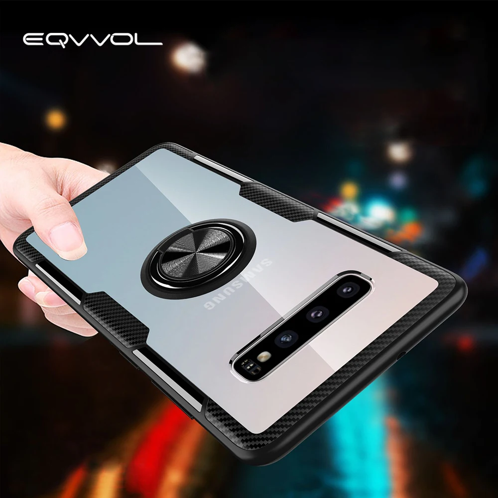 

Eqvvol Transparent Phone Case For Samsung Galaxy S9 S10 Plus Note 9 S10e Car Magnetic Stand Cases Finger Ring Holder Case Cover