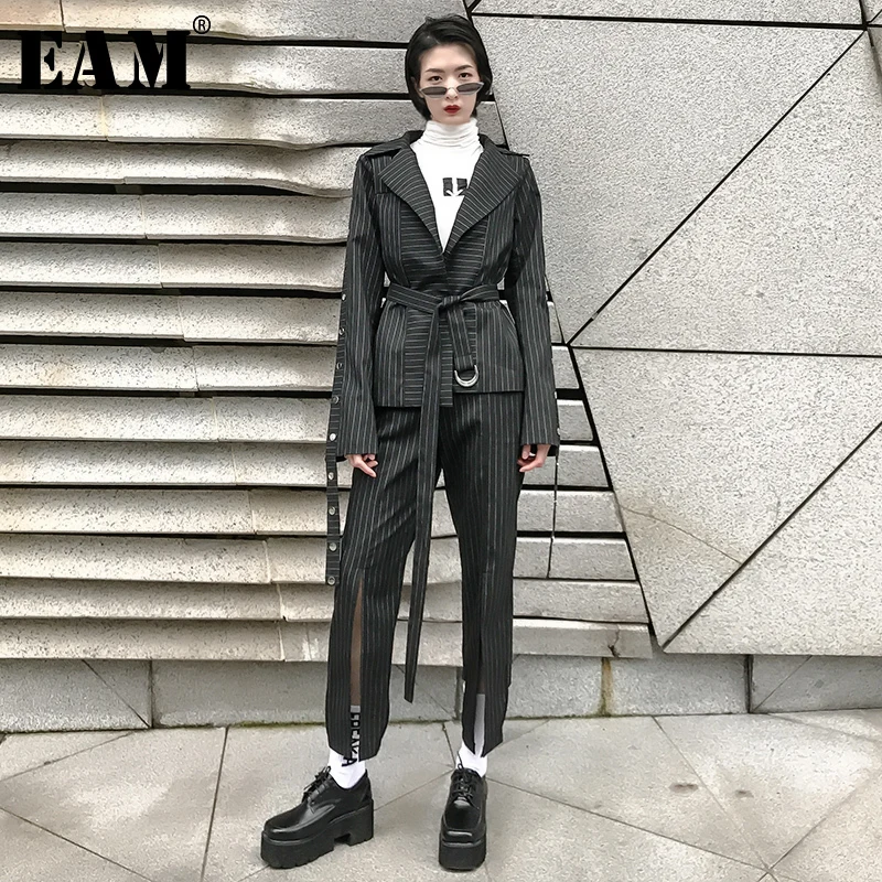

[EAM] 2019 New Spring Lapel Long Sleeve Black Striped Printed Ribbon Hem Vent Pants Two Piece Suit Women Fashion JK244