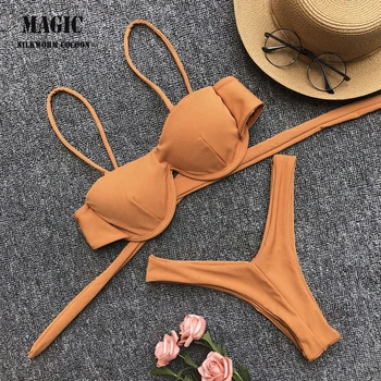 

Adjustable Strap Bikini Set New High Cut Thong Swimsuit Solid Orange Swimwear Women Brazilian Biquini Swimming Suit Underwire