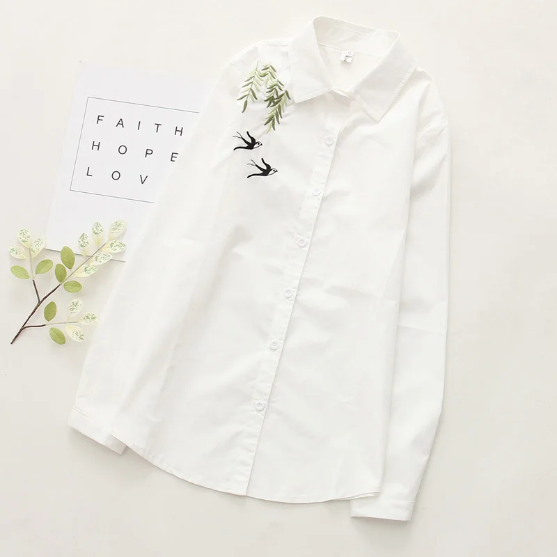 2017 Bird Embroidery Long Sleeve Women Blouses And Shirts White Female Ladies Casual Shirt Tops Blusas Blouse Clothing WQ904