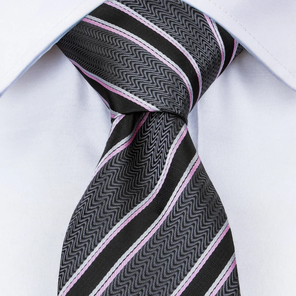 

DiBanGu Gray Pink Striped Men Ties Set With Handkerchief Cufflinks Clip Necktie Match Gift Box For Men's Wedding Business MJ-226