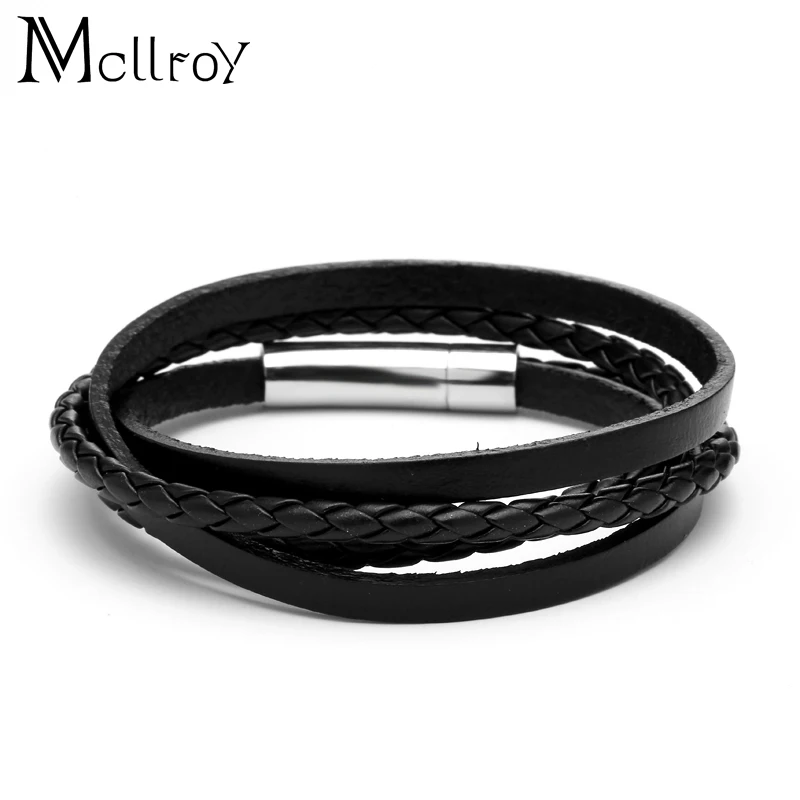 

Mcllroy bracelets & bangles Titanium Stainless Steel Double layer Leather Braid Chain Magnetic Buckle Bracelet Men men jewelry
