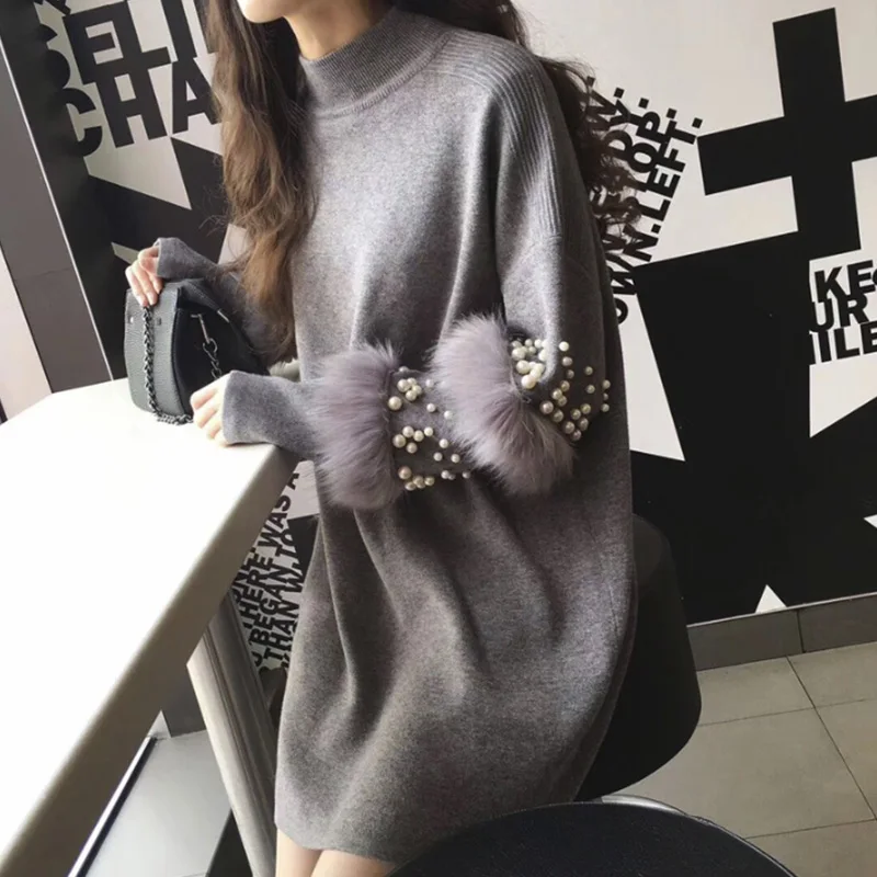 Winter Long Sweaters Women Casual Pullover Jumpers Real Rabbit Fur Sweater pull femme Pullovers bead Pearl turtleneck jumper