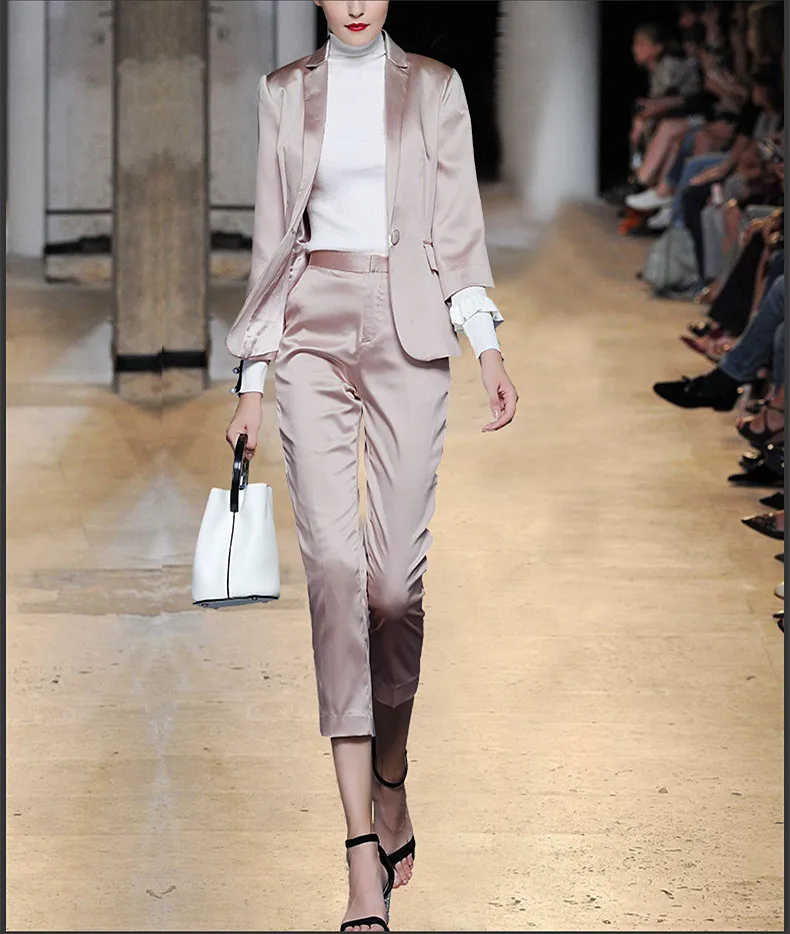 Shiny Satin Pant Suits Single Button 